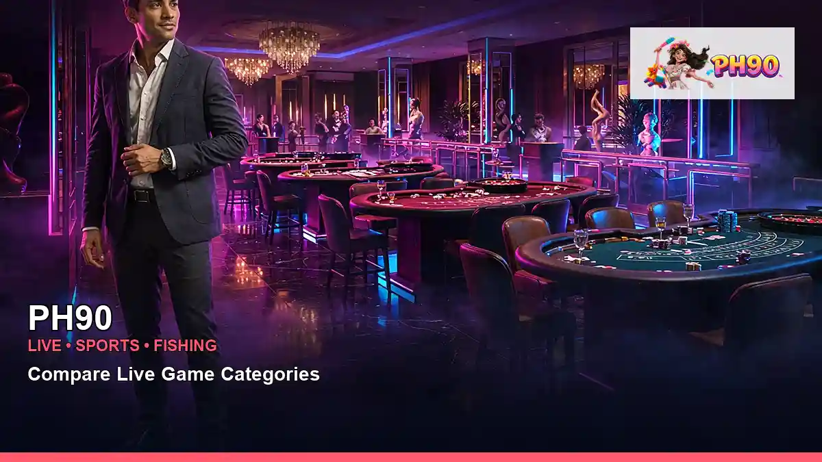 PH90 wide floor live casino table games highlighting mobile-friendly casino play