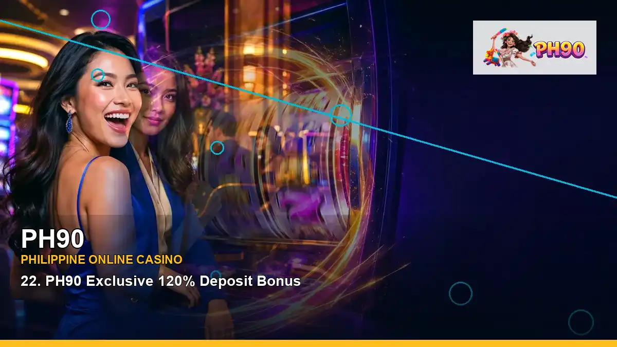 PH90 mobile casino first deposit rewards featuring an adult Filipina casino host with a left-framed composition
