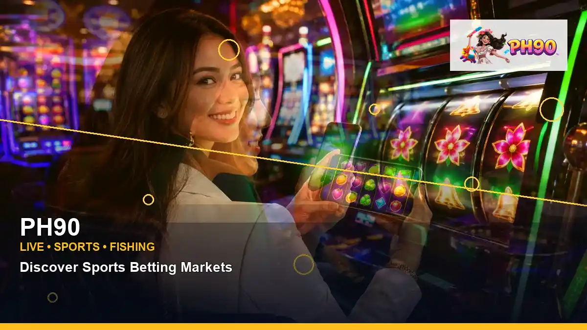 PH90 lucky reels online slot games featuring an adult Filipina casino host with a layered collage composition